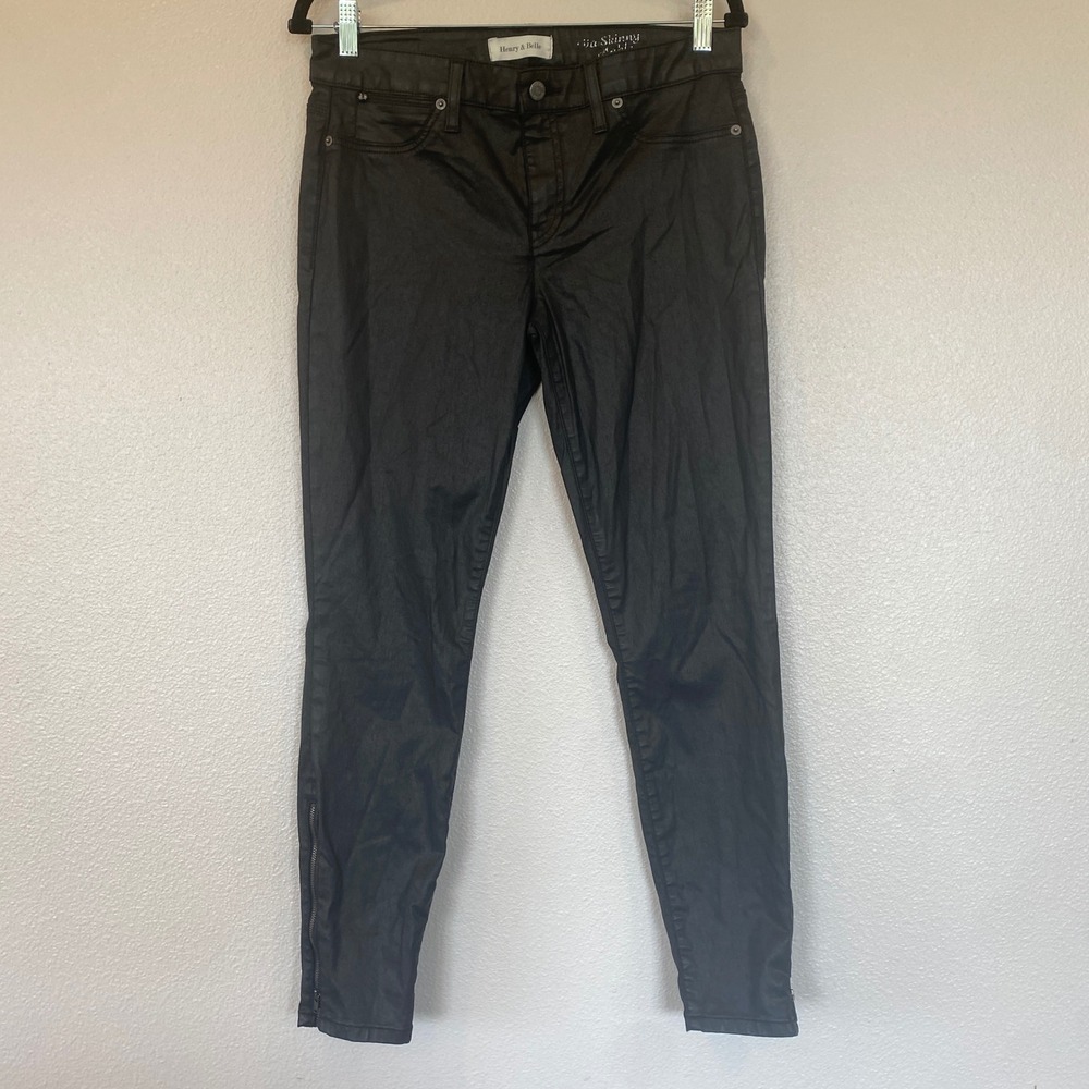 Henry & Belle Lila Skinny Ankle Coated Black Jeans Size 31 Zipper Hem Edgy
